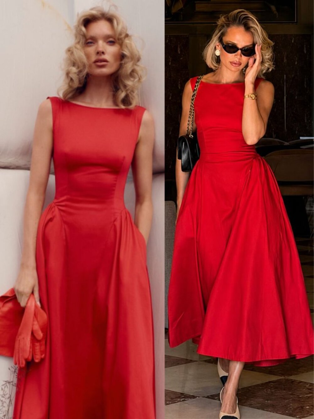Helsa Stretch Cotton Sateen Dress Red Boat Neck Scoop Back Midi NWT Size XS